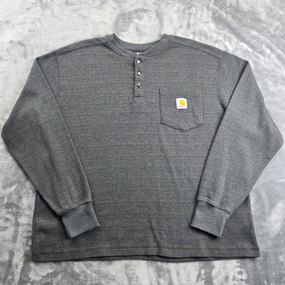 Carhartt‎ Henley Shirt Mens L Gray Relaxed Fit TK4429-M Long Sleeve Waffle Knit